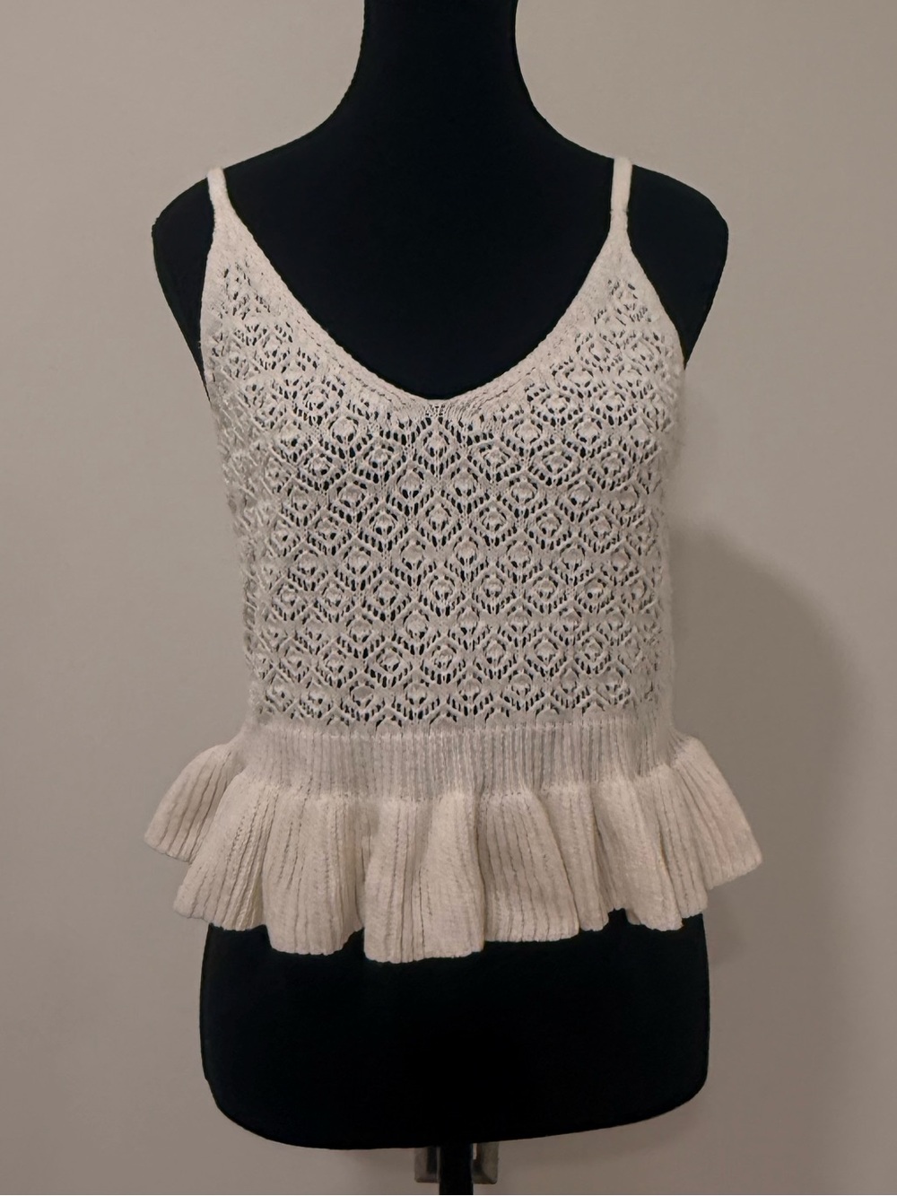 Anthropologie White Lace-Knit Peplum Cami